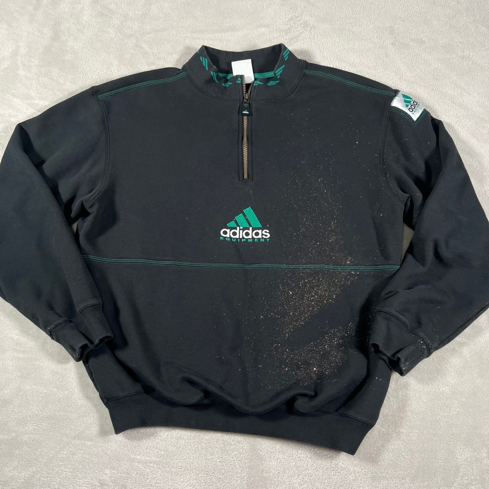 Vintage Adidas Equipment EQT Quarter Zip Sweatshirt Black Distressed Men's Large